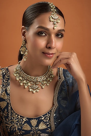 Gold Finish Kundan Polki Necklace Set