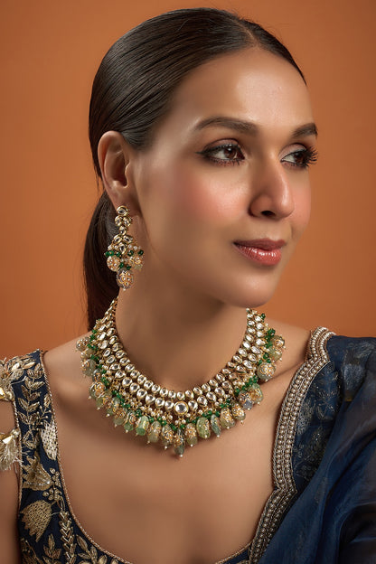 Gold Finish Kundan Polki & Emerald Synthetic Stone Necklace Set