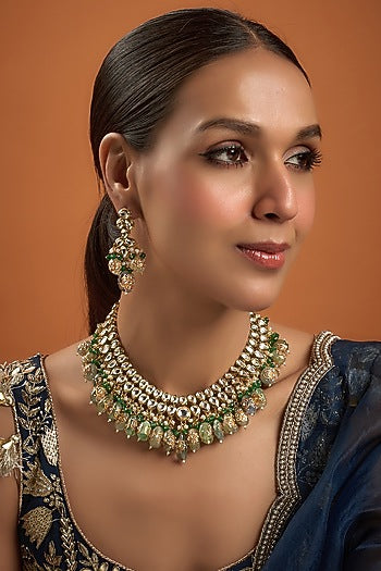 Gold Finish Kundan Polki & Emerald Synthetic Stone Necklace Set