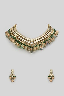Gold Finish Kundan Polki & Emerald Synthetic Stone Necklace Set