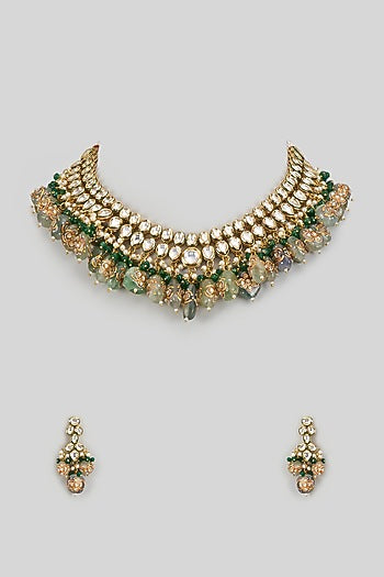 Gold Finish Kundan Polki & Emerald Synthetic Stone Necklace Set