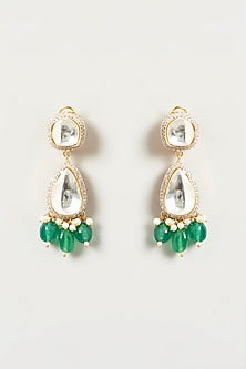 Gold Finish Kundan Polki & Green Stone Dangler Earrings