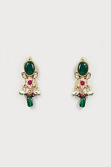 Gold Finish Kundan Polki & Green Stone Dangler Earrings