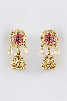 Gold Finish Kundan Polki Temple Jhumka Earrings