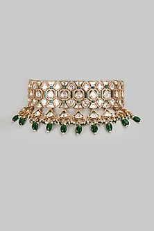 Gold Finish Kundan Polki & Green Stone Choker Necklace