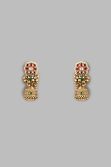 Gold Finish Red & Green Stone Dangler Earrings