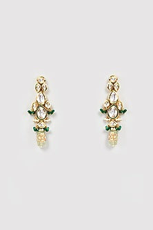 Gold Finish Kundan Polki & Green Stone Dangler Earrings