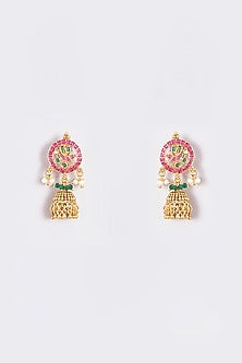 Gold Finish Red & Green Stone Dangler Earrings