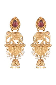Gold Finish Faux Pearls & Red Stones Earrings