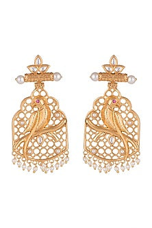 Gold Finish Kundan Polki & Pearl Antique Parrot Earrings