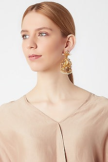 Gold Finish Kundan Polki & Pearl Antique Parrot Earrings
