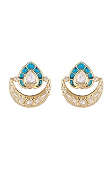 Gold Finish Kundan Polki & Blue Stone Stud Earrings