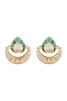 Gold Finish Kundan Polki & Green Stone Stud Earrings