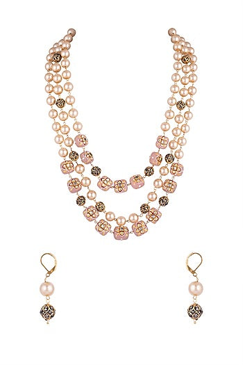 Gold Finish Faux Pearl & Pink Stone Necklace Set