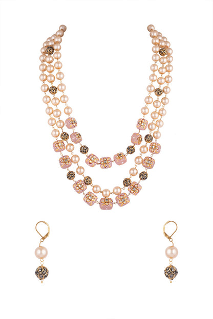 Gold Finish Faux Pearl & Pink Stone Necklace Set