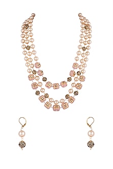 Gold Finish Faux Pearl & Pink Stone Necklace Set