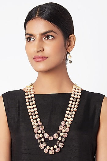 Gold Finish Faux Pearl & Pink Stone Necklace Set