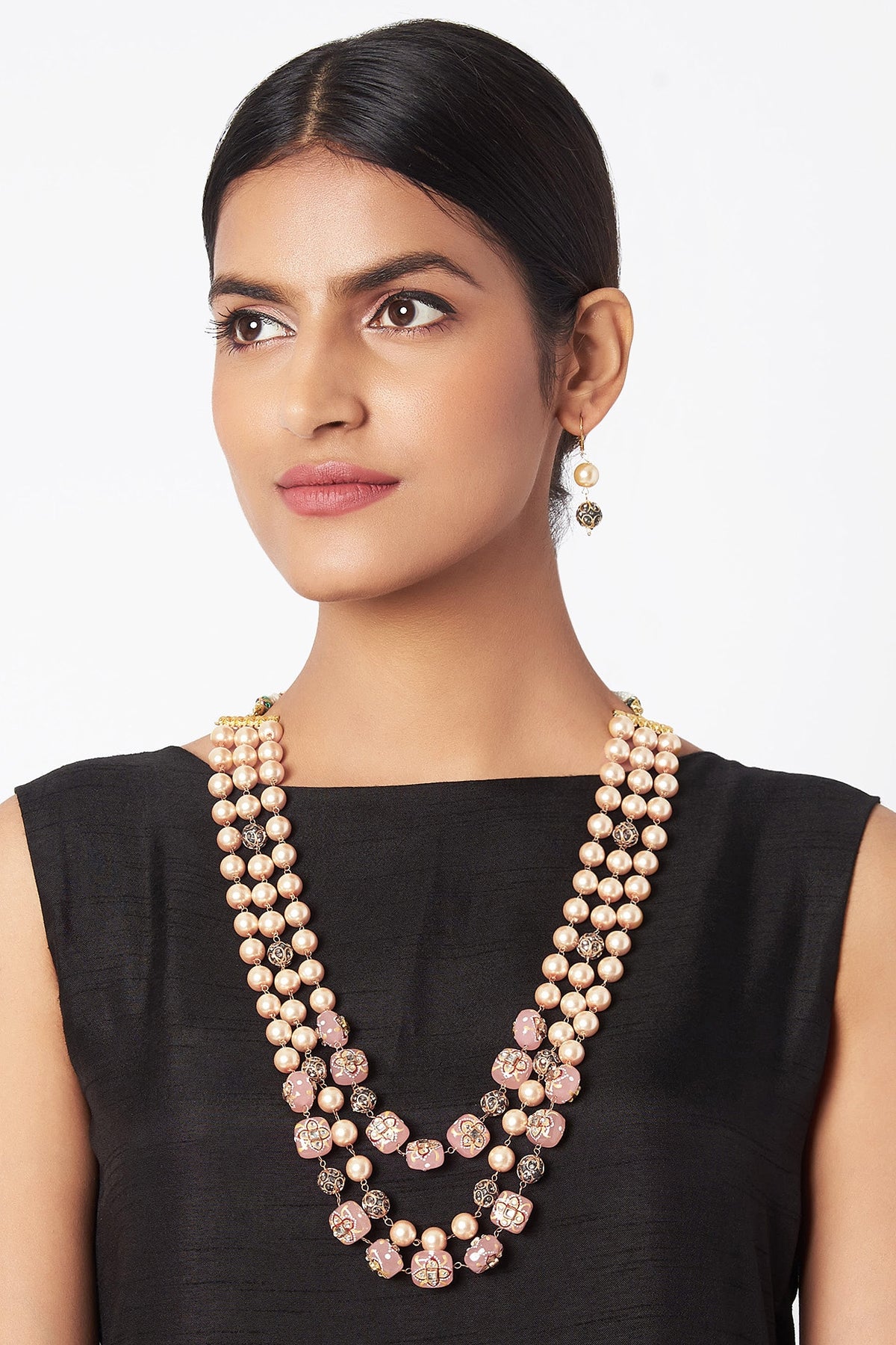 Gold Finish Faux Pearl & Pink Stone Necklace Set