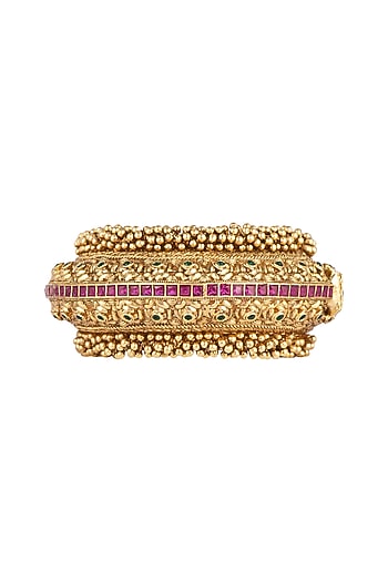 Gold Finish Red Kundan Polki Oversized Bangle