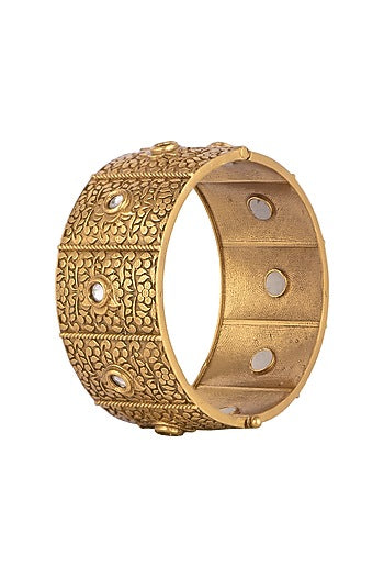 Gold Finish Kundan Polki Engraved Openable Bangle