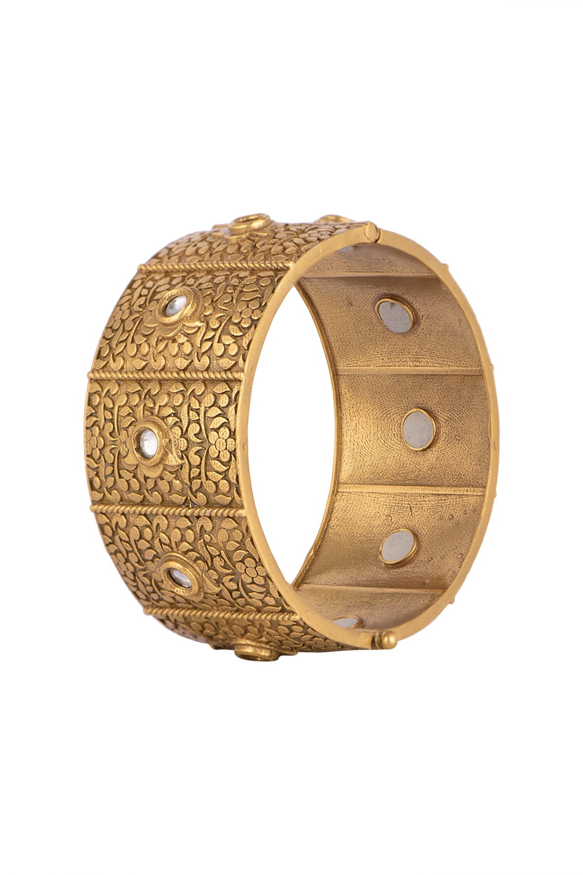 Gold Finish Kundan Polki Engraved Openable Bangle
