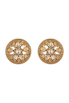 Gold Finish Kundan Polki Engraved Stud Earrings