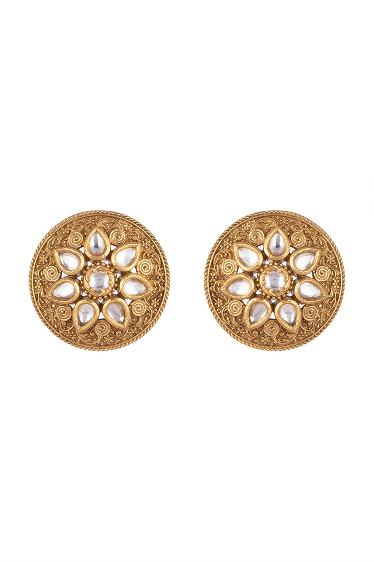 Gold Finish Kundan Polki Engraved Stud Earrings