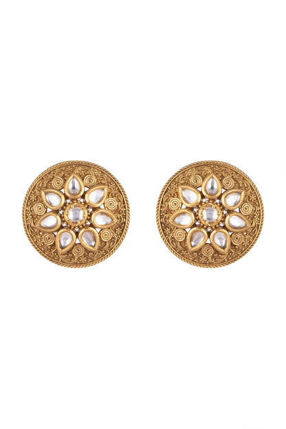 Gold Finish Kundan Polki Engraved Stud Earrings
