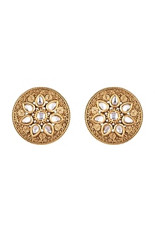 Gold Finish Kundan Polki Engraved Stud Earrings