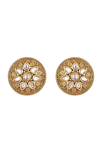 Gold Finish Kundan Polki Engraved Stud Earrings