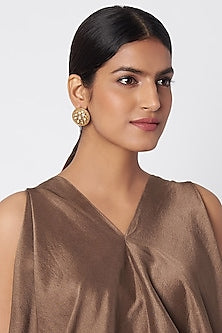 Gold Finish Kundan Polki Engraved Stud Earrings