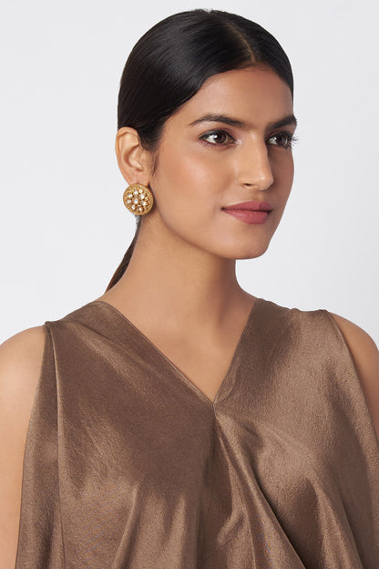 Gold Finish Kundan Polki Engraved Stud Earrings