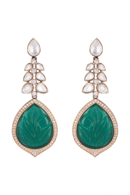 Black Rhodium Finish Kundan Polki & Green Stone Earrings