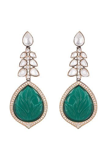 Black Rhodium Finish Kundan Polki & Green Stone Earrings