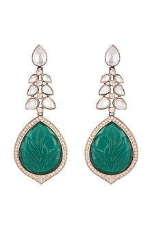 Black Rhodium Finish Kundan Polki & Green Stone Earrings