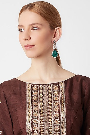 Black Rhodium Finish Kundan Polki & Green Stone Earrings