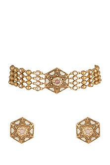 Gold Finish Kundan Polki Meenakari Choker Necklace Set