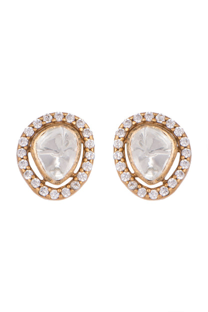 Gold Finish Zircon & Kundan Polki Stud Earrings
