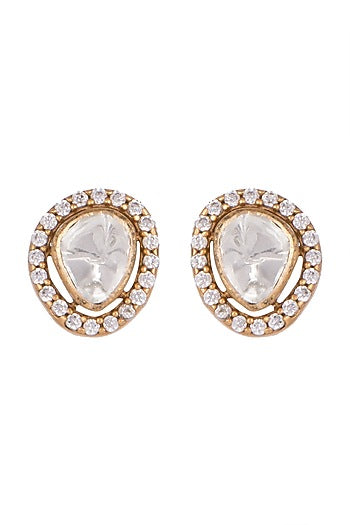 Gold Finish Zircon & Kundan Polki Stud Earrings