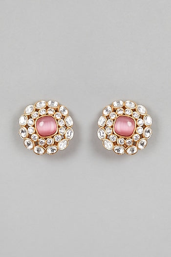 Gold Finish Pink Stone & Kundan Polki Stud Earrings