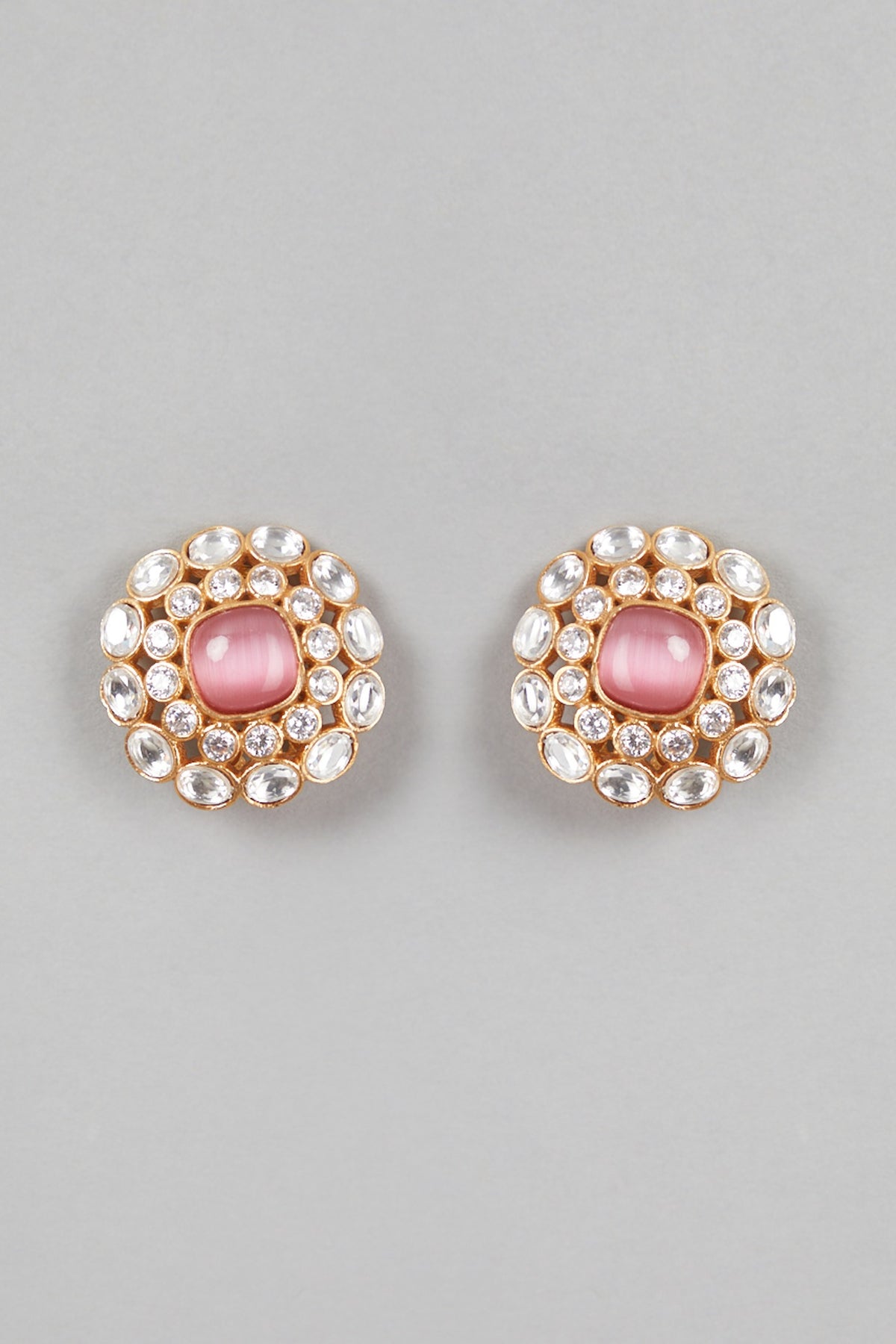 Gold Finish Pink Stone & Kundan Polki Stud Earrings