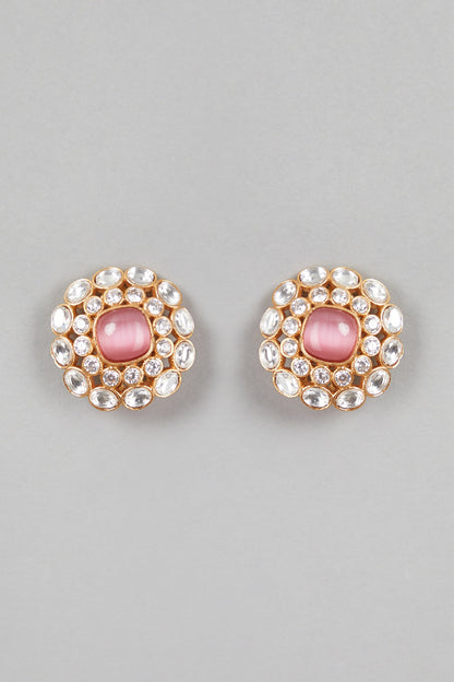Gold Finish Pink Stone & Kundan Polki Stud Earrings