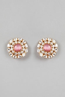 Gold Finish Pink Stone & Kundan Polki Stud Earrings
