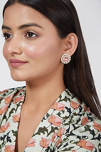 Gold Finish Pink Stone & Kundan Polki Stud Earrings