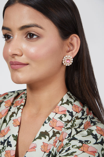 Gold Finish Pink Stone & Kundan Polki Stud Earrings