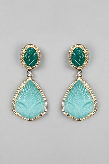 Gold Finish Carved Stone Drop Earrings