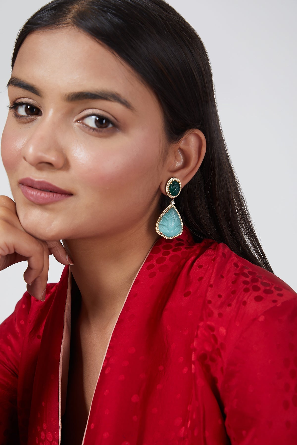 Gold Finish Carved Stone Drop Earrings