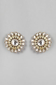 Gold Finish Kundan Polki & Mint Green Stone Stud Earrings