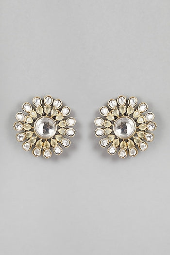 Gold Finish Kundan Polki & Mint Green Stone Stud Earrings