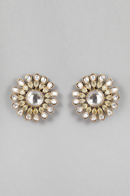 Gold Finish Kundan Polki & Mint Green Stone Stud Earrings